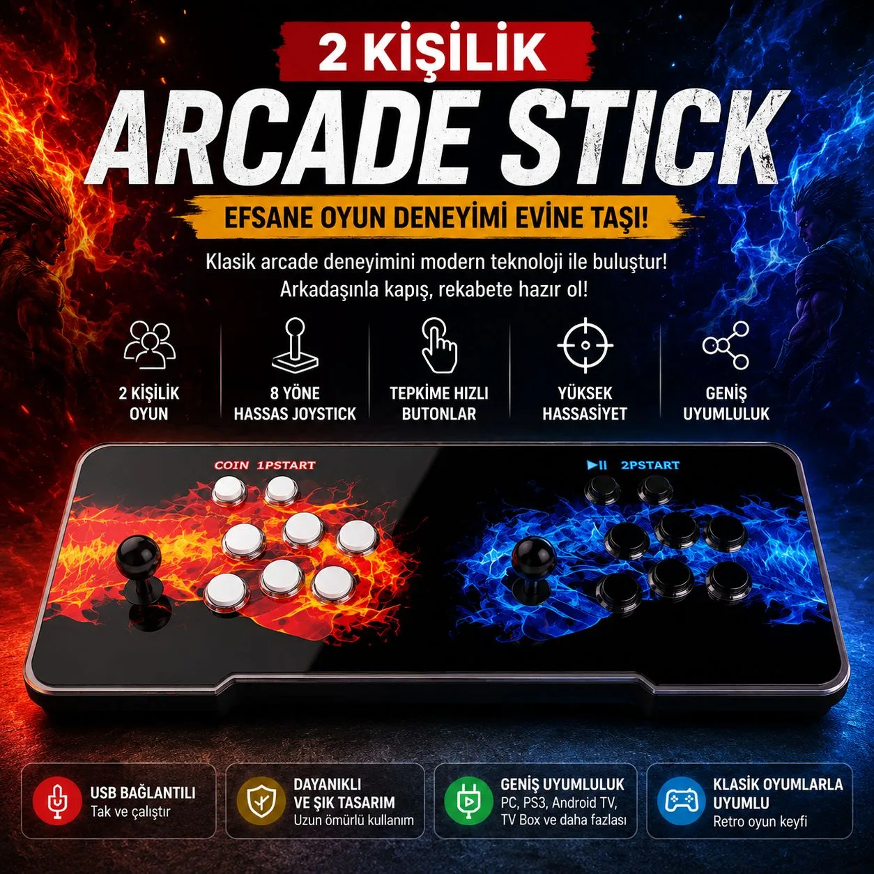 2 Kişilik 2D Arcade Stick – USB, TV ve PC Uyumlu – ürün görseli 2
