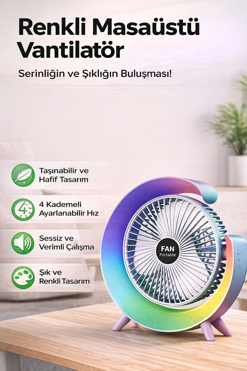 USB Şarjlı Mini Masaüstü Vantilatör – 4 Kademe