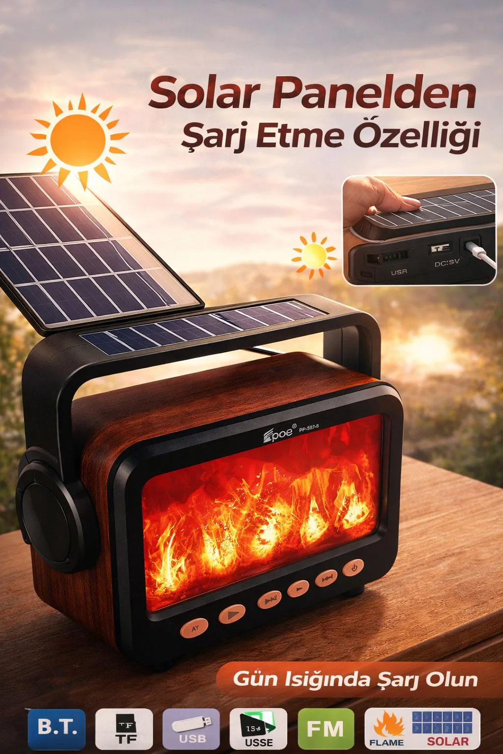 Ateş Efektli Bluetooth Hoparlör – Solar Şarj, FM – ürün görseli 2