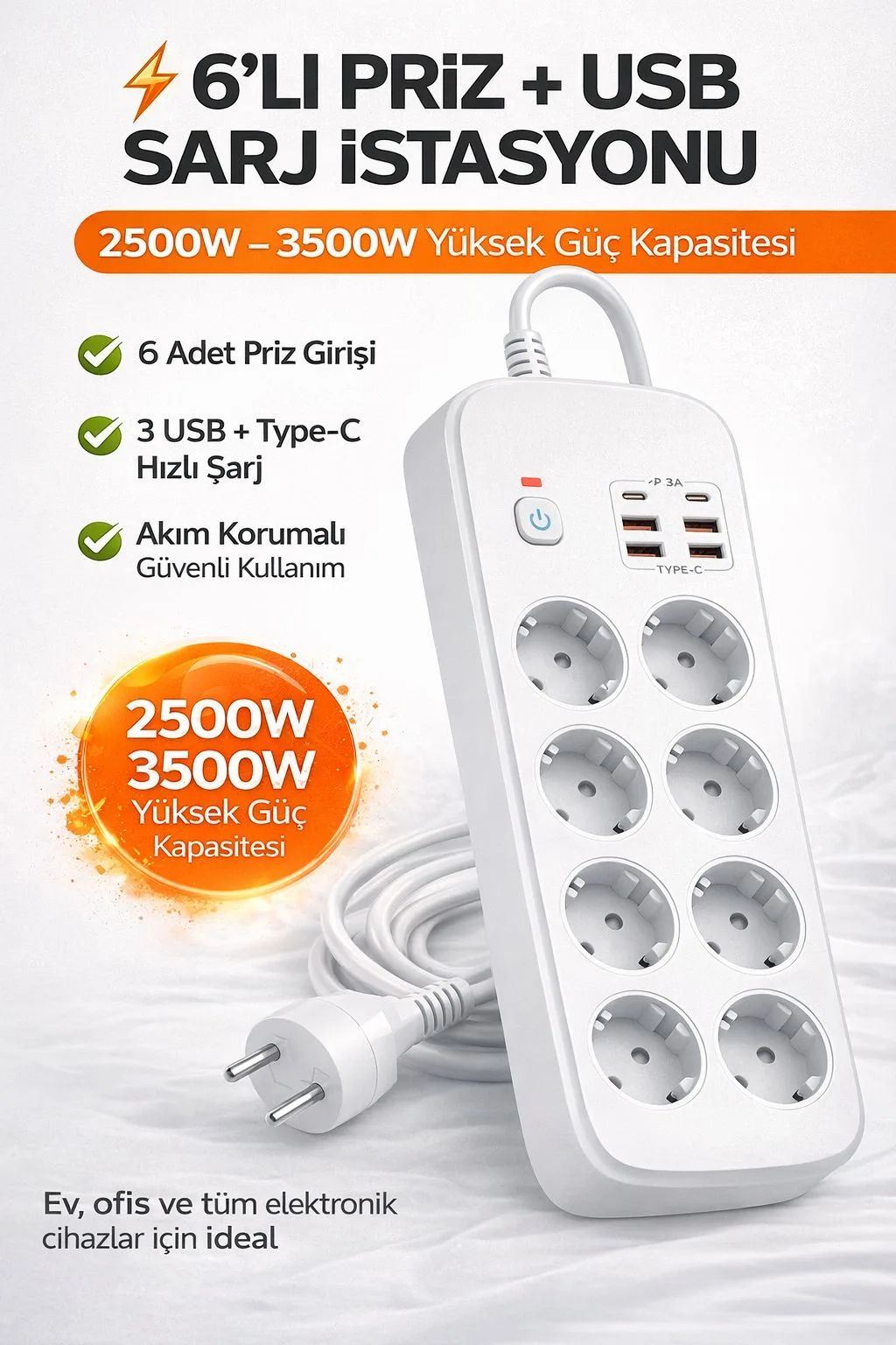 6’lı Akım Korumalı Priz – USB, Type-C, 3500W
