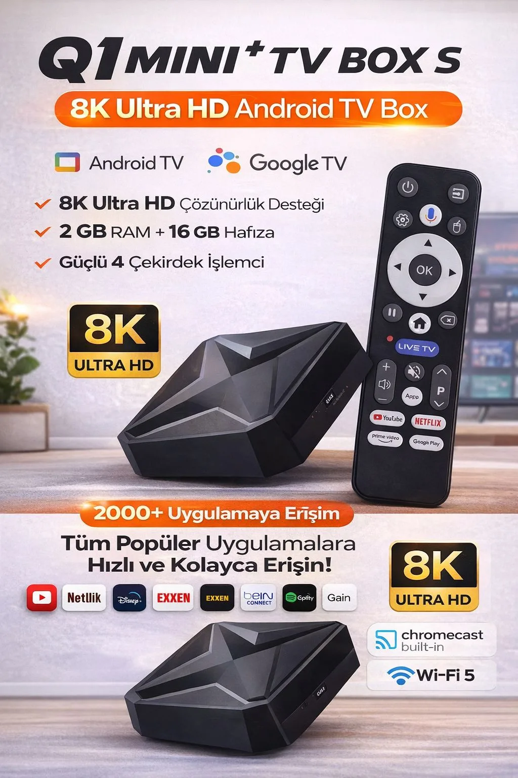 Android TV Box – 8K, 2GB RAM, 16GB Depolama