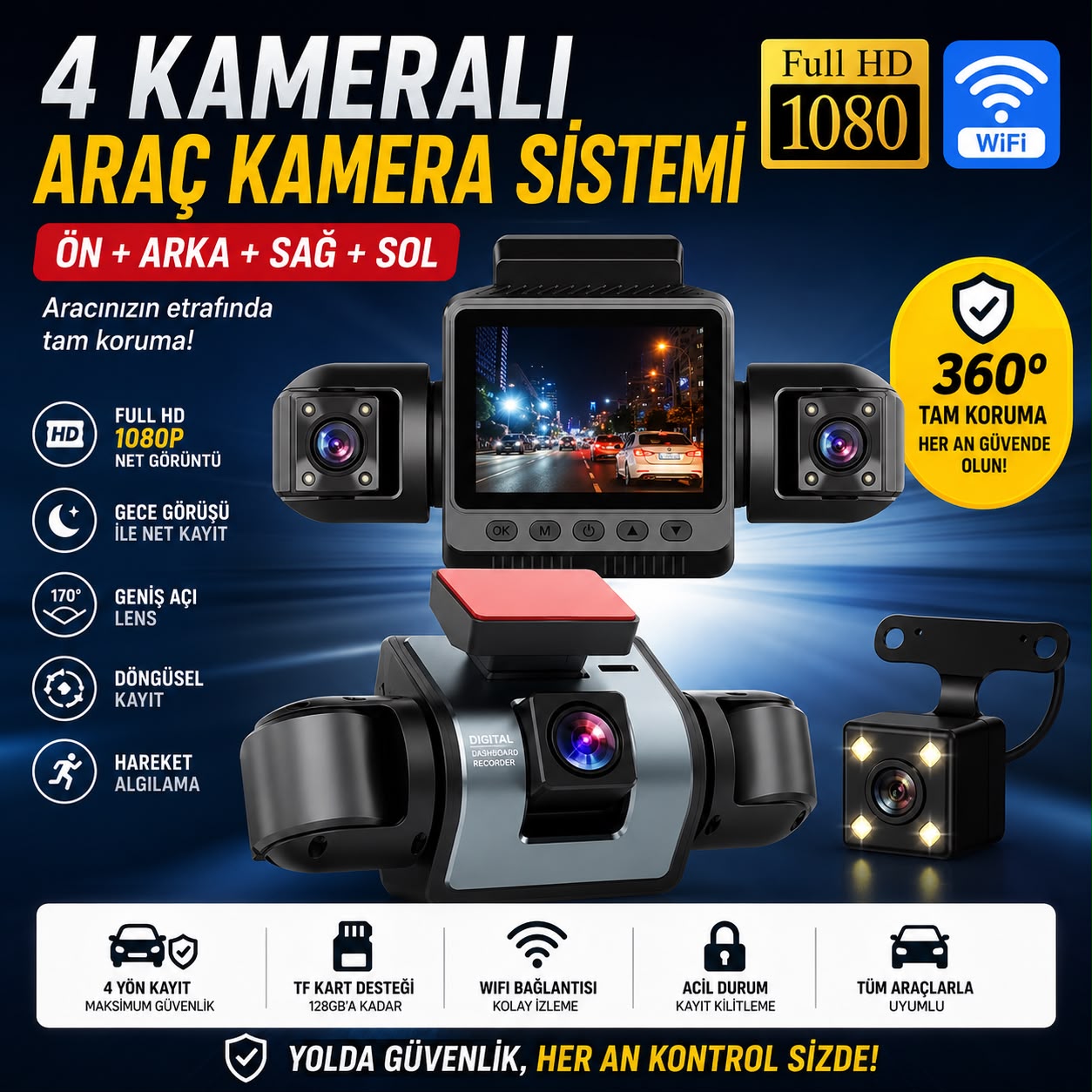 4 Kameralı Araç İçi Kamera 1080P WiFi Gece Görüş Ön Arka Sağ Sol 360° Dashcam