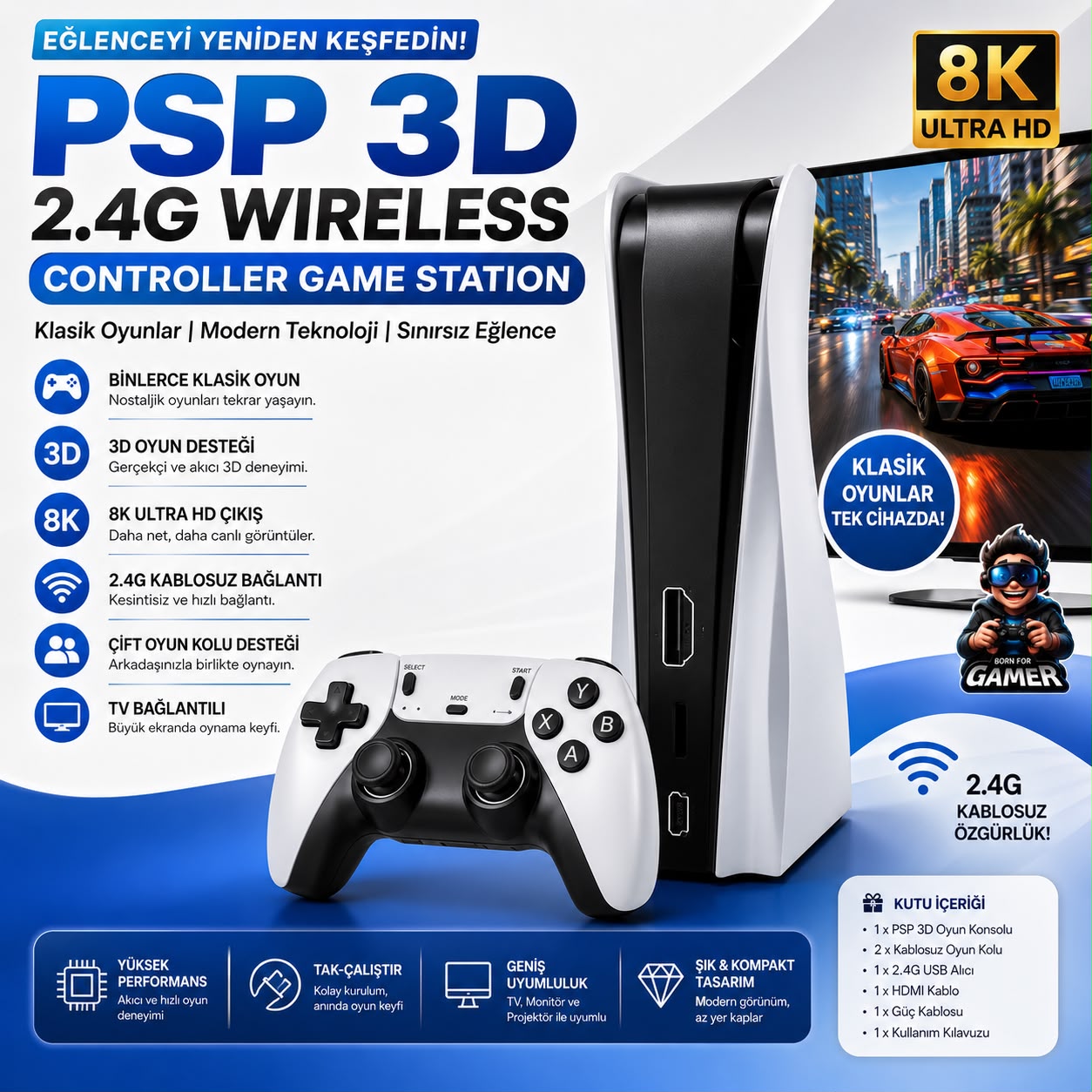 40.000 Retro Oyun Konsolu PS5 Görünümlü 4K HDMI Atari Oyun Makinesi 2 Kollu