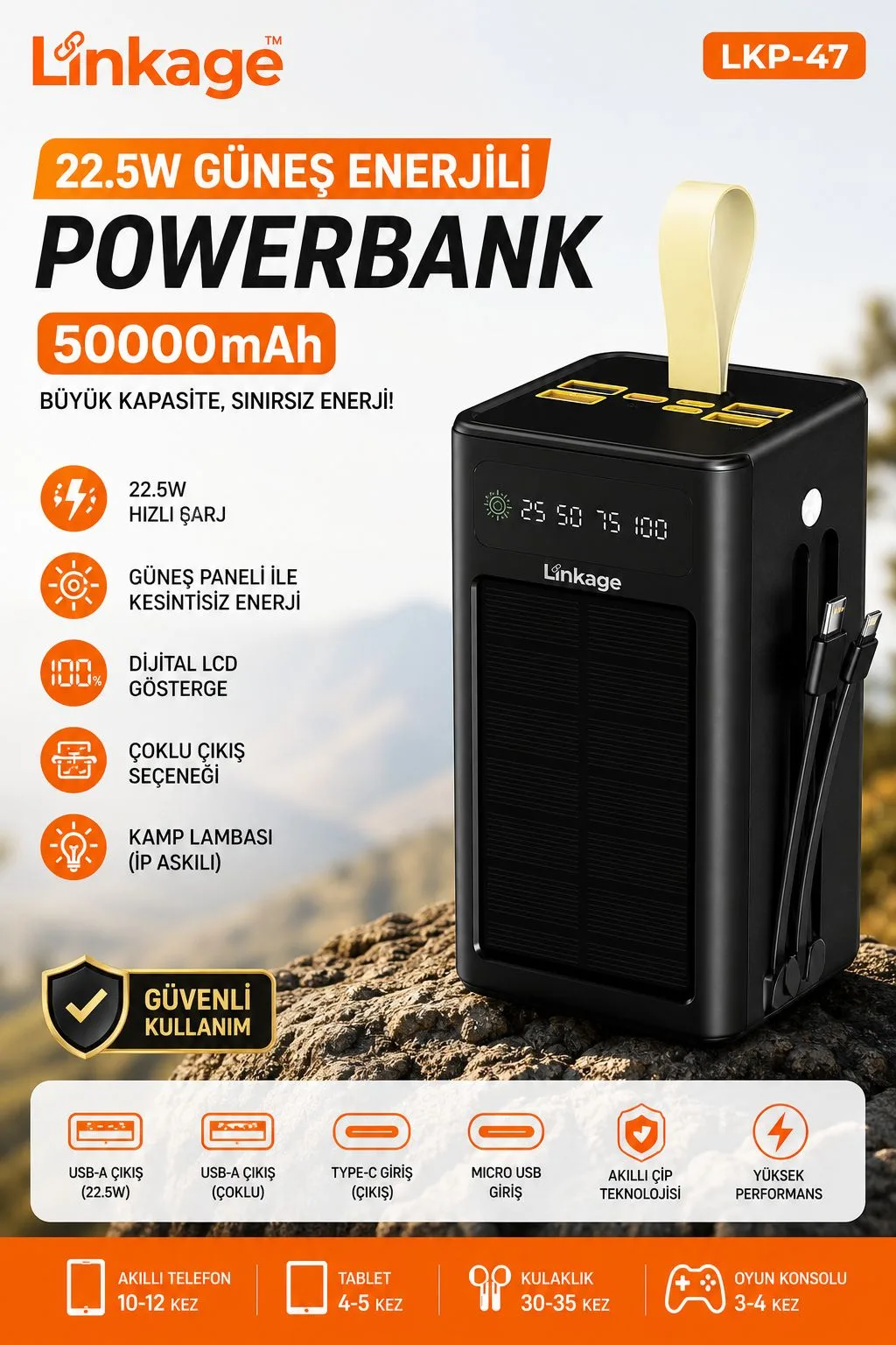 50.000mAh Solar Powerbank – 22.5W Hızlı Şarj