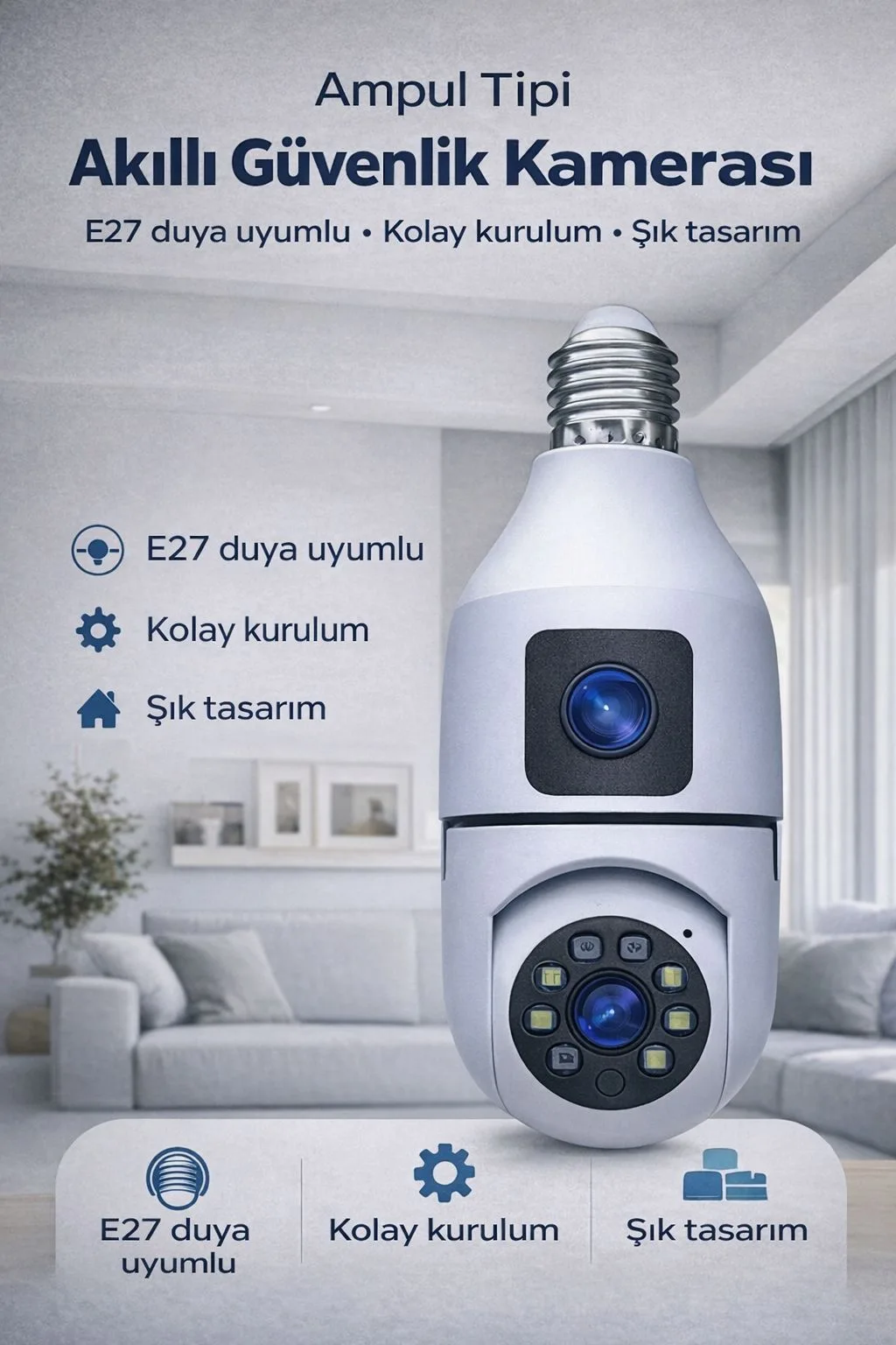 E27 Ampul Güvenlik Kamerası – WiFi, 360°, Gece Görüş