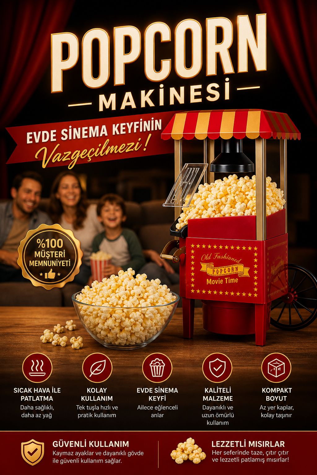 Retro Popcorn Makinesi Ev Tipi Mısır Patlatma Makinesi Sinema Keyfi Popcorn Makinesi