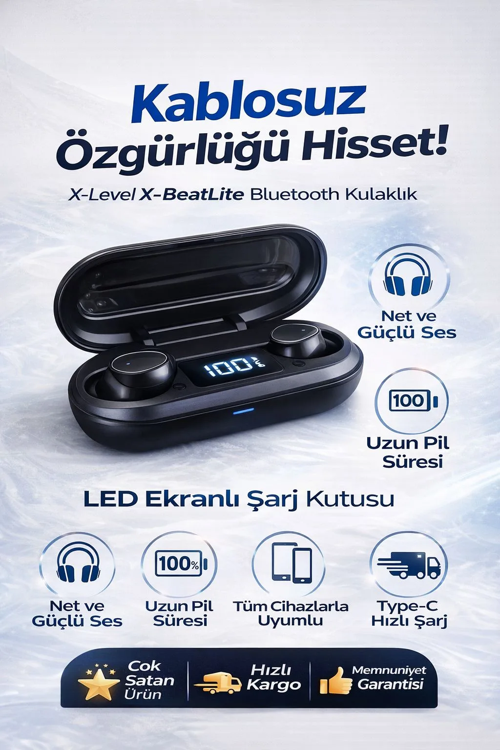 LED Ekranlı TWS Bluetooth Kulaklık – Dokunmatik
