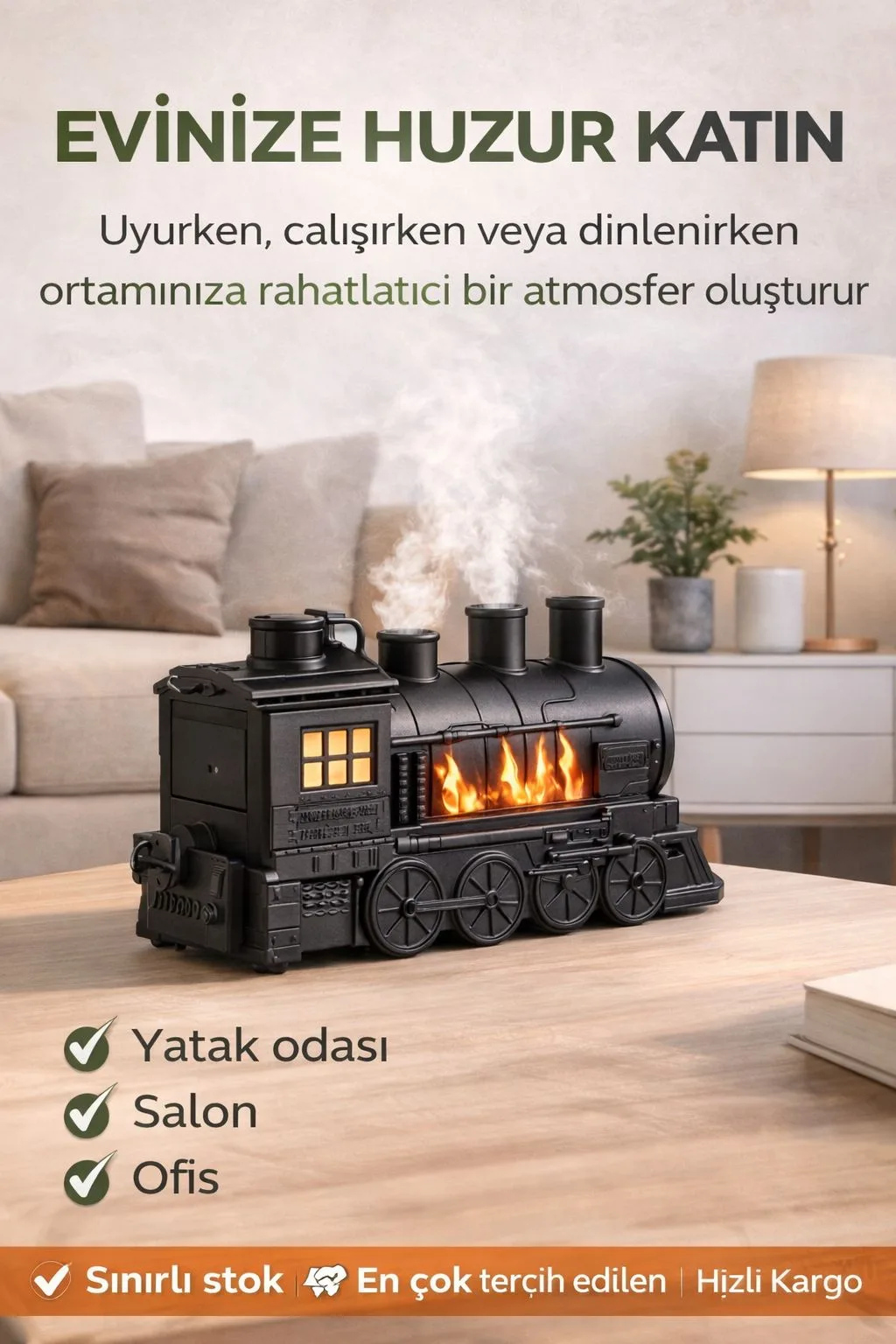 Buharlı Tren Hava Nemlendirici – Aromaterapi, LED – ürün görseli 3