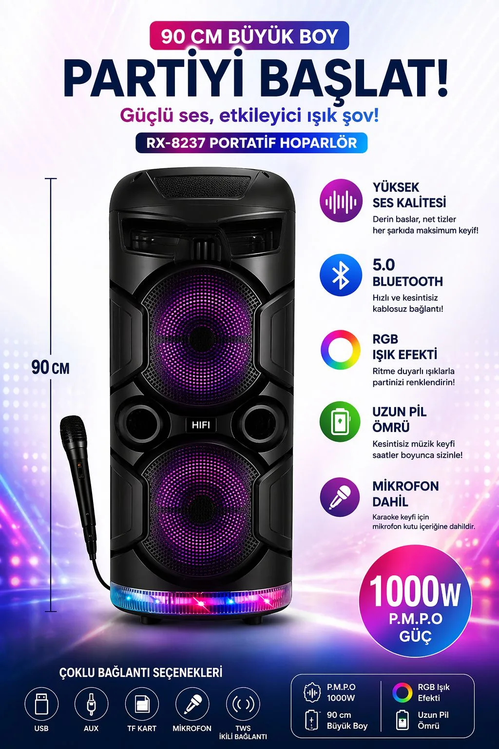 RX-8237 90 cm Karaoke Bluetooth Hoparlör – RGB
