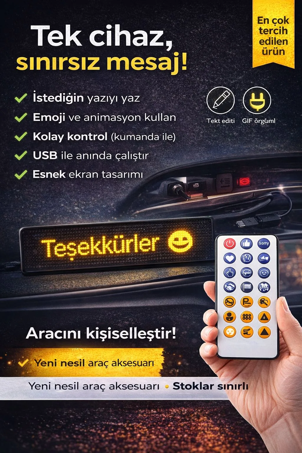 Araç LED Yazı Paneli – Kumandalı Animasyonlu Mesaj Ekranı – ürün görseli 2