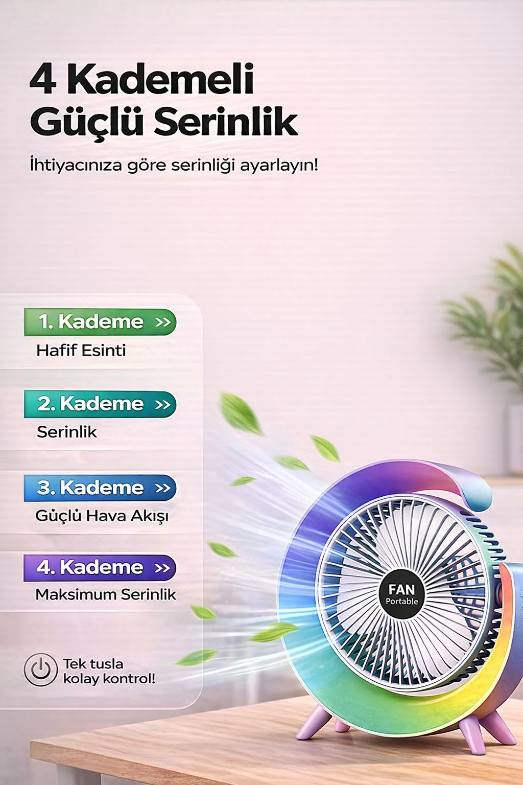 USB Şarjlı Mini Masaüstü Vantilatör – 4 Kademe – ürün görseli 7