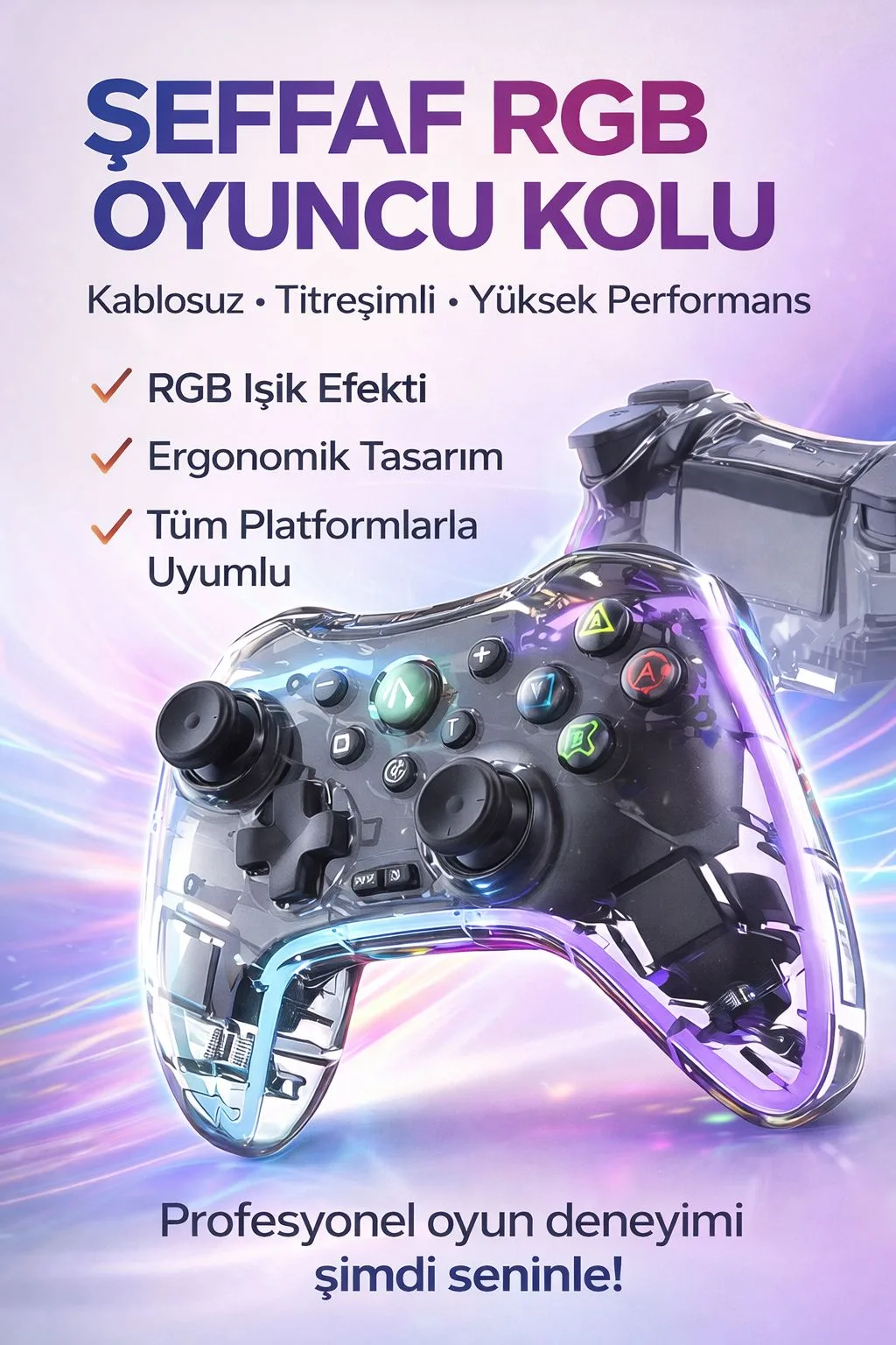 Şeffaf RGB Kablosuz Oyun Kolu – Titreşimli Gamepad