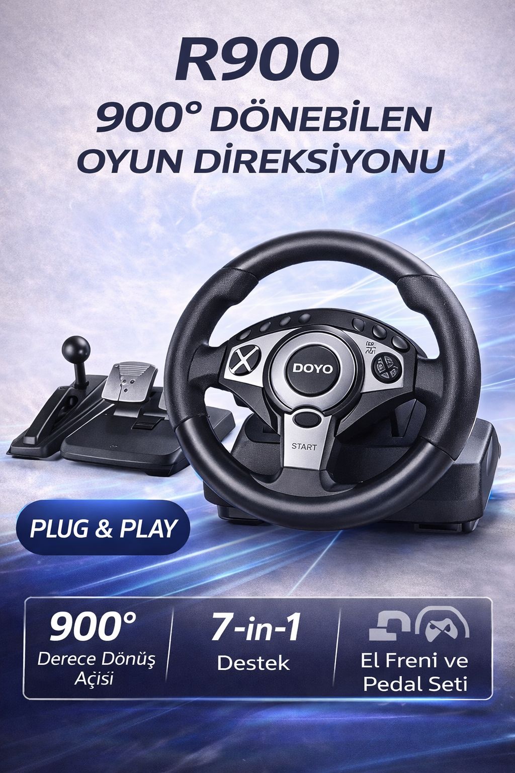 R900 Oyun Direksiyonu 900° Dönebilen Pedal ve Vites Setli PC PS Uyumlu
