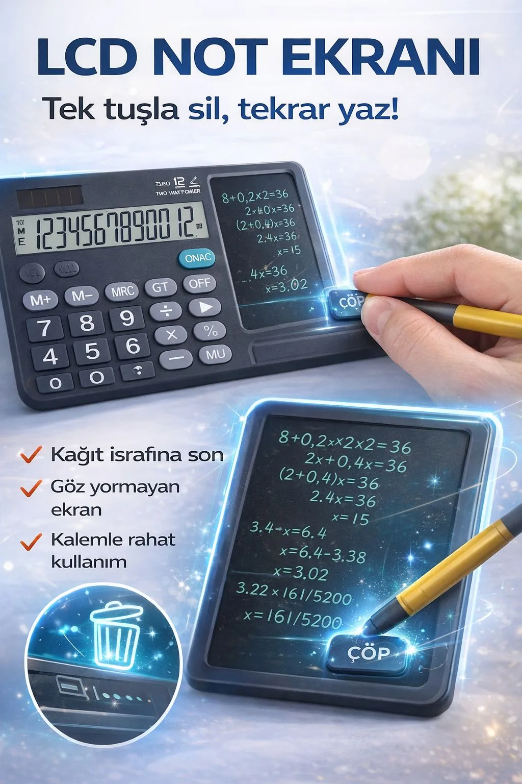 2’si 1 Arada Hesap Makinesi ve LCD Yazı Tableti – ürün görseli 2