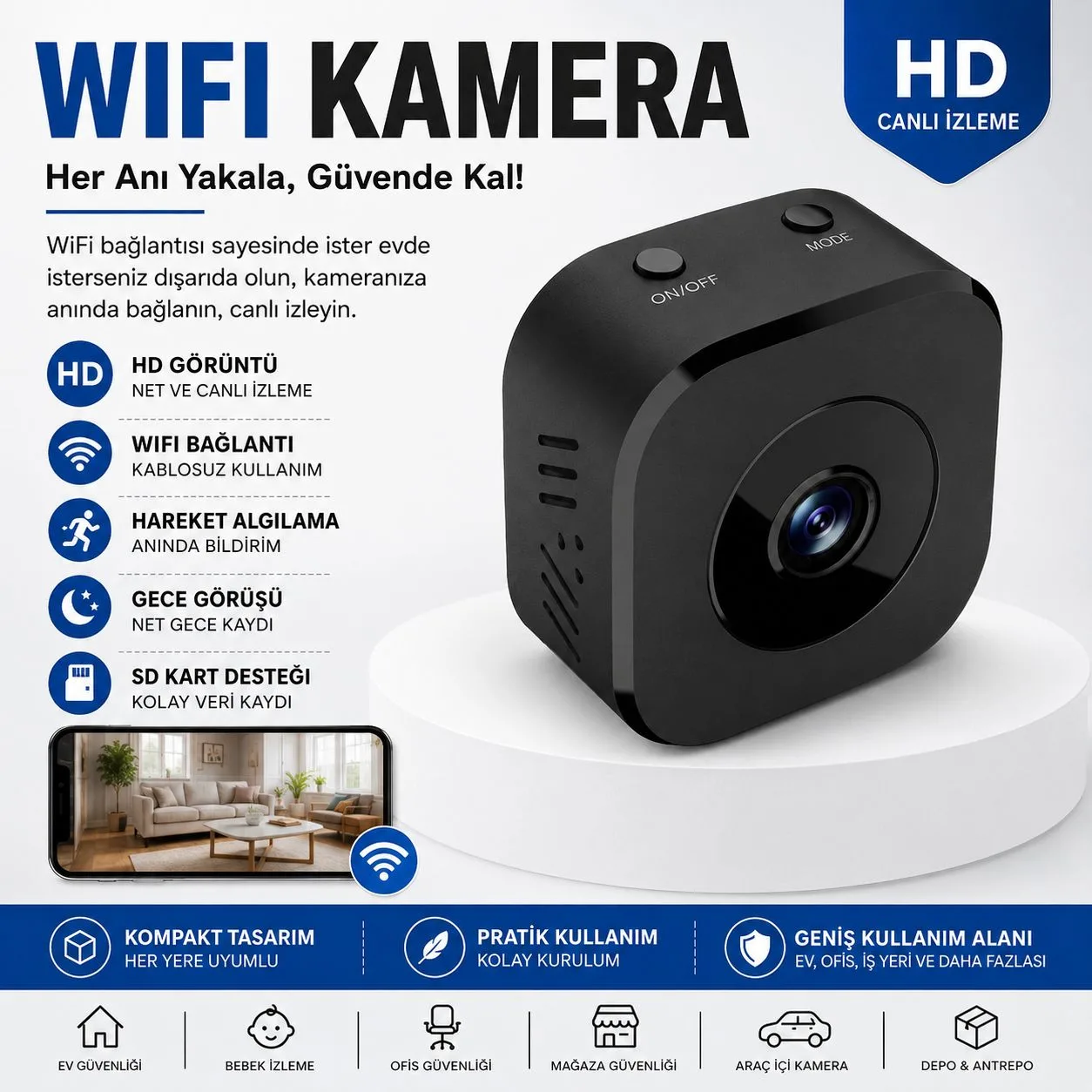 Mini WiFi Güvenlik Kamerası – Şarjlı, Gece Görüşlü