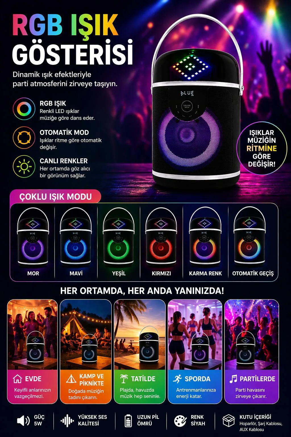 QL-878 Bluetooth Hoparlör – RGB, FM, USB, AUX – ürün görseli 3