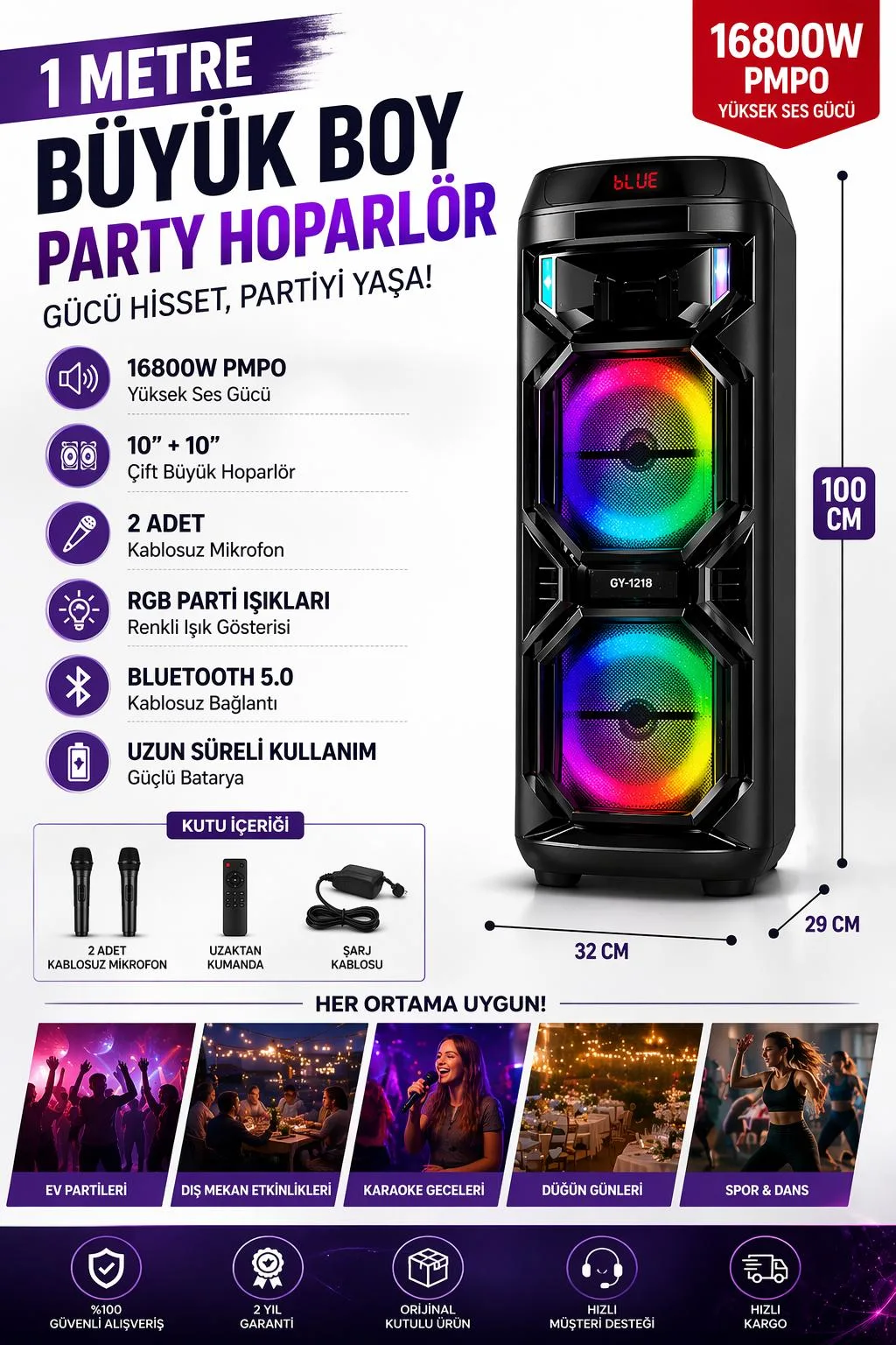 GY-1218 100 cm Party Hoparlör – Mikrofonlu, RGB