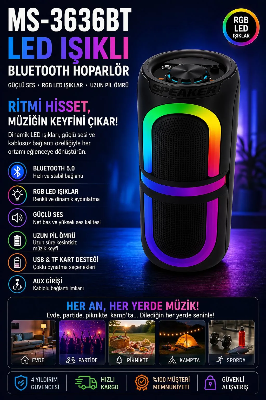 MS-3636BT Bluetooth Hoparlör – RGB LED – ürün görseli 2