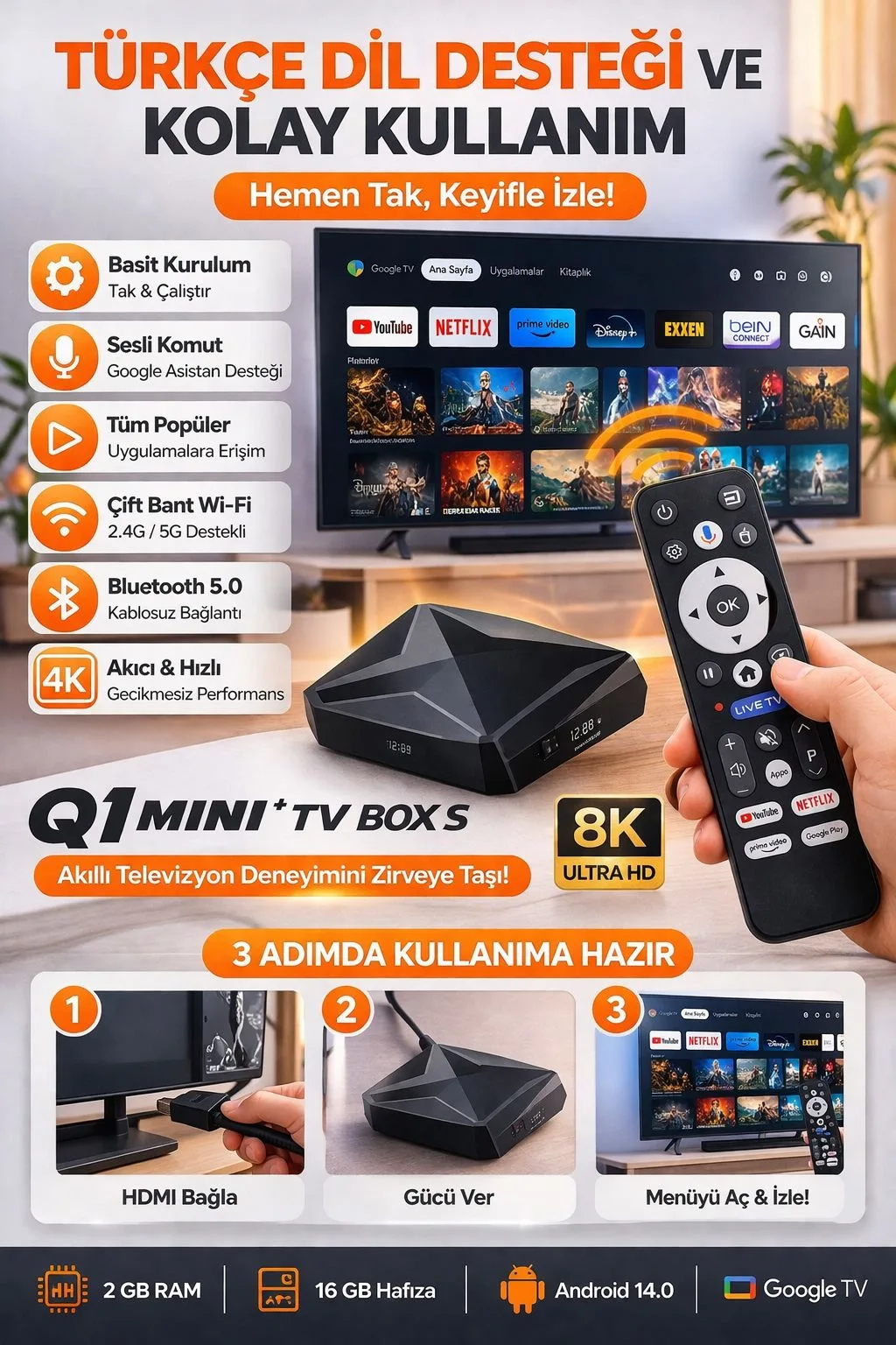 Android TV Box – 8K, 2GB RAM, 16GB Depolama – ürün görseli 3