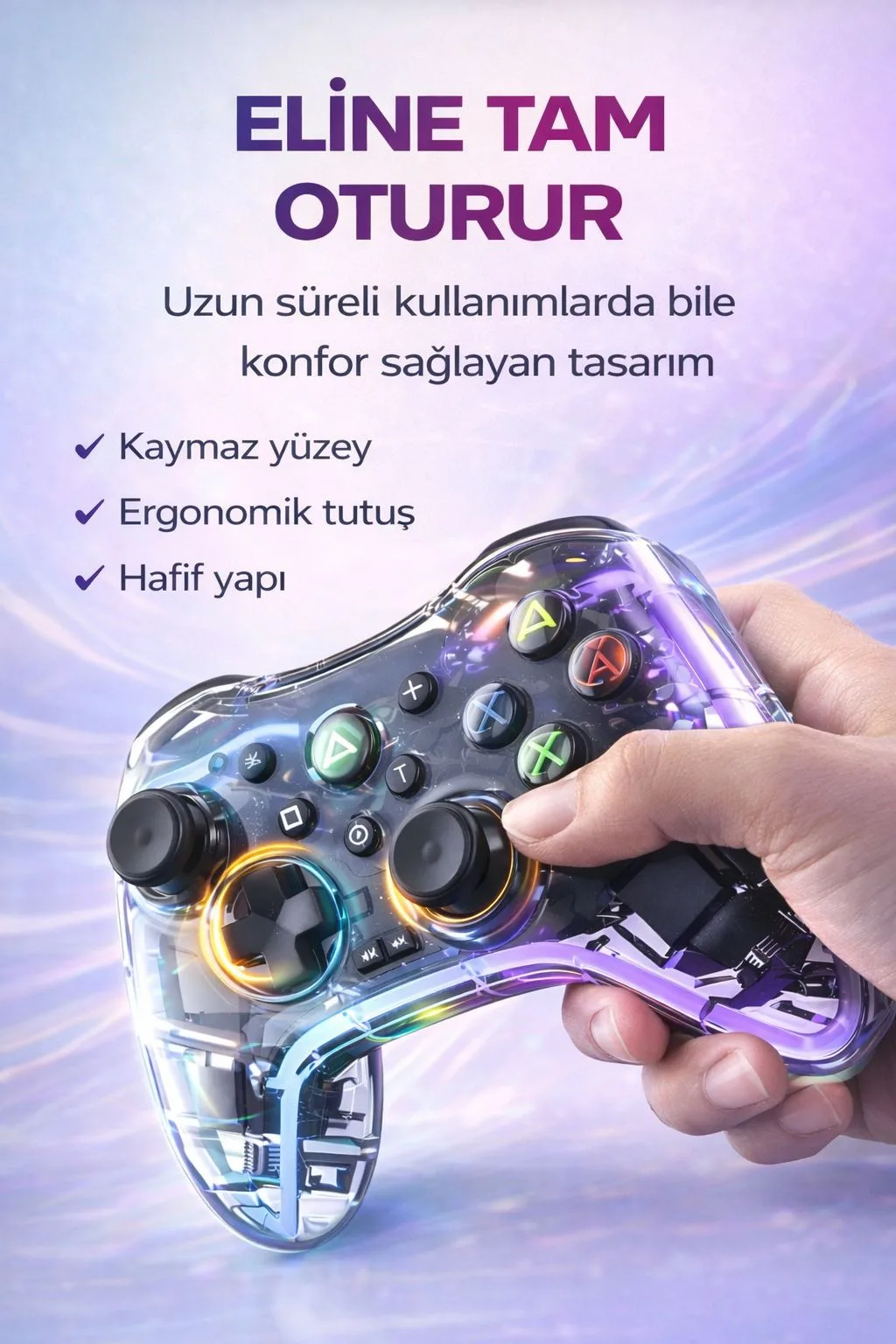 Şeffaf RGB Kablosuz Oyun Kolu – Titreşimli Gamepad – ürün görseli 5