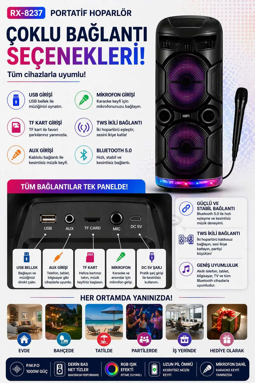 RX-8237 90 cm Karaoke Bluetooth Hoparlör – RGB – ürün görseli 4